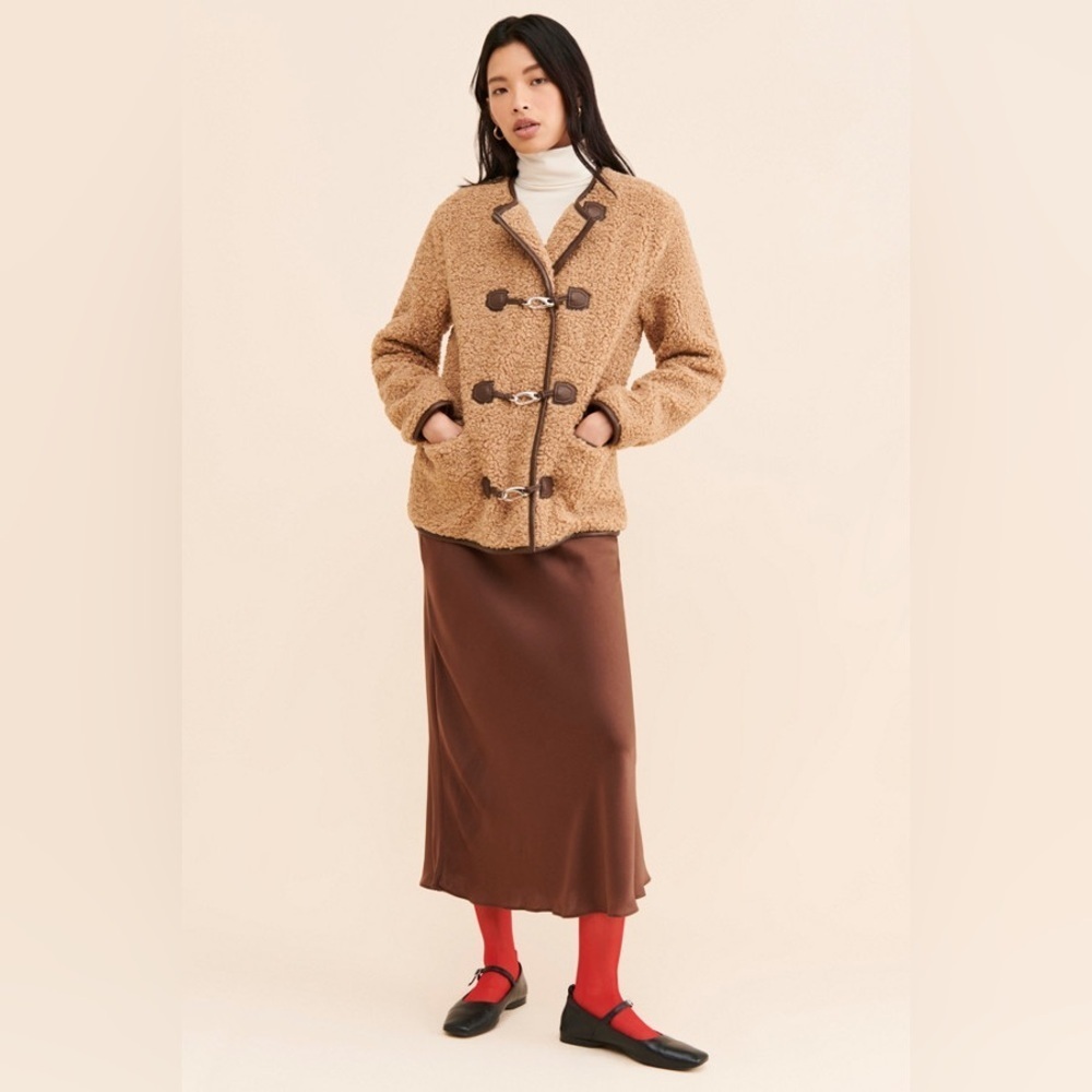 Avec Les Filles Faux Fur Toggle Coat Sherpa Shearling Brown - Picture 16 of 16